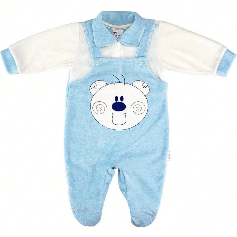 Macacão Bebê Jardineira Plush Bordado Urso Menino Cores