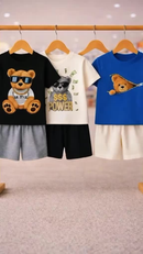 Kit 2 peças Camiseta + bermuda conjunto infantil menino estampa urso moda casual