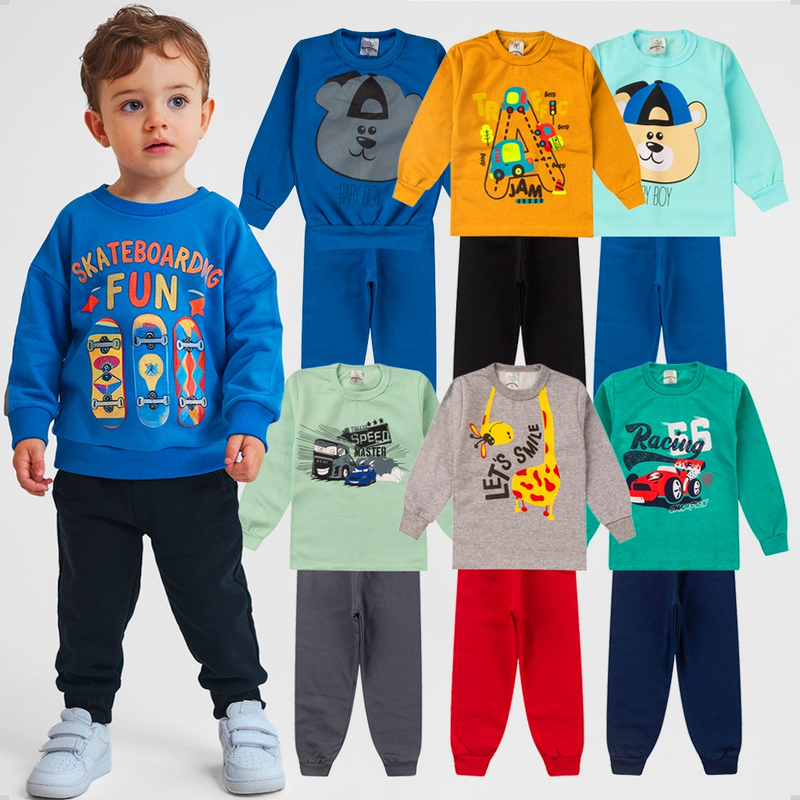 Kit Conjunto Moletom Infantil Menino Inverno – 2, 4 ou 6 Peças Quentinho e Confortável (1 ao 14 anos)