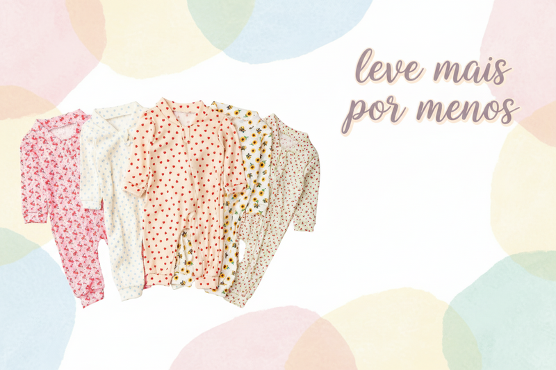 Kit 5 Macacão Canelado Estampado para Bebê com Zíper Menino e Menina – RN/P/M/G