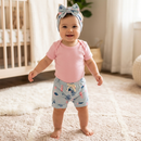 Conjunto Bebê Feminino Body Branco e Short Rosa Estampado com Faixa
