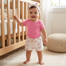 Roupa de Bebe Feminina Com Três Peças Short, Bandana e Body
