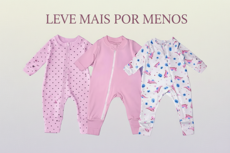 Kit com 3 macacões estampado para menina rosa com zíper