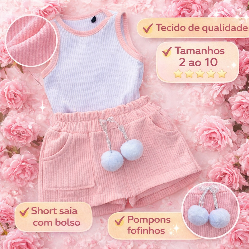 Conjunto Infantil Menina Regata Ribana e Short Saia Ana ruga Confortável e Estiloso
