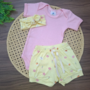 Conjunto Bebê Menina 3 Peças Body, Short e Bandana – Conforto e Estilo Completo