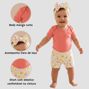 Conjunto Bebê Feminino Body Branco + Short Rosa Estampado com Faixa Look Infantil Confortável
