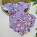 Conjunto Bebê Menina 3 Peças Body, Short e Bandana – Conforto e Estilo Completo