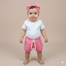 Conjunto Bebê Feminino Body Branco e Short Rosa Estampado com Faixa